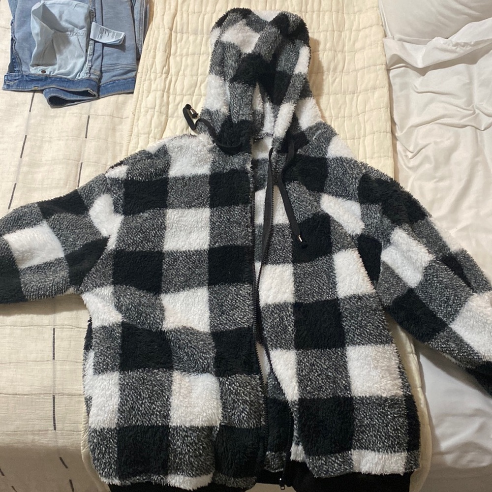 Shein zip up hoodie fluffy plaid